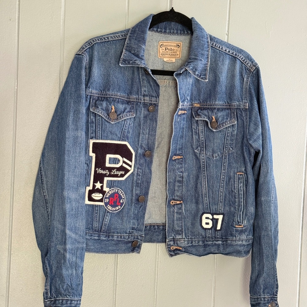Polo Ralph Lauren Women's M Denim Trucker Jacket Varsity Patch Preppy Collegiate